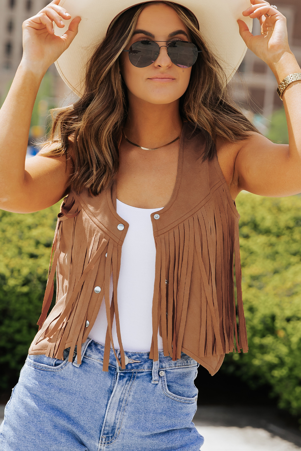Camel Fringed Snap Button Front Suedette Vest - loveforevers