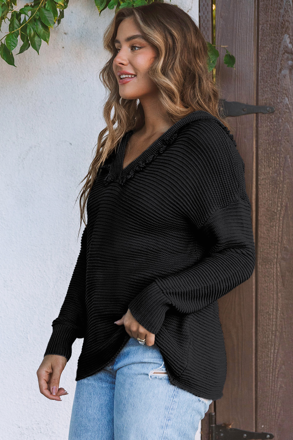 V Neck Ribbed Drop Shoulder Hooded Sweater - loveforevers