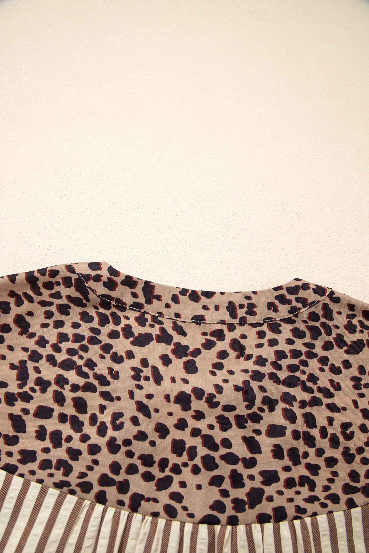 Khaki Stripe Square Button Leopard Trim Loose Bracelet Sleeve Shirt Dress - loveforevers