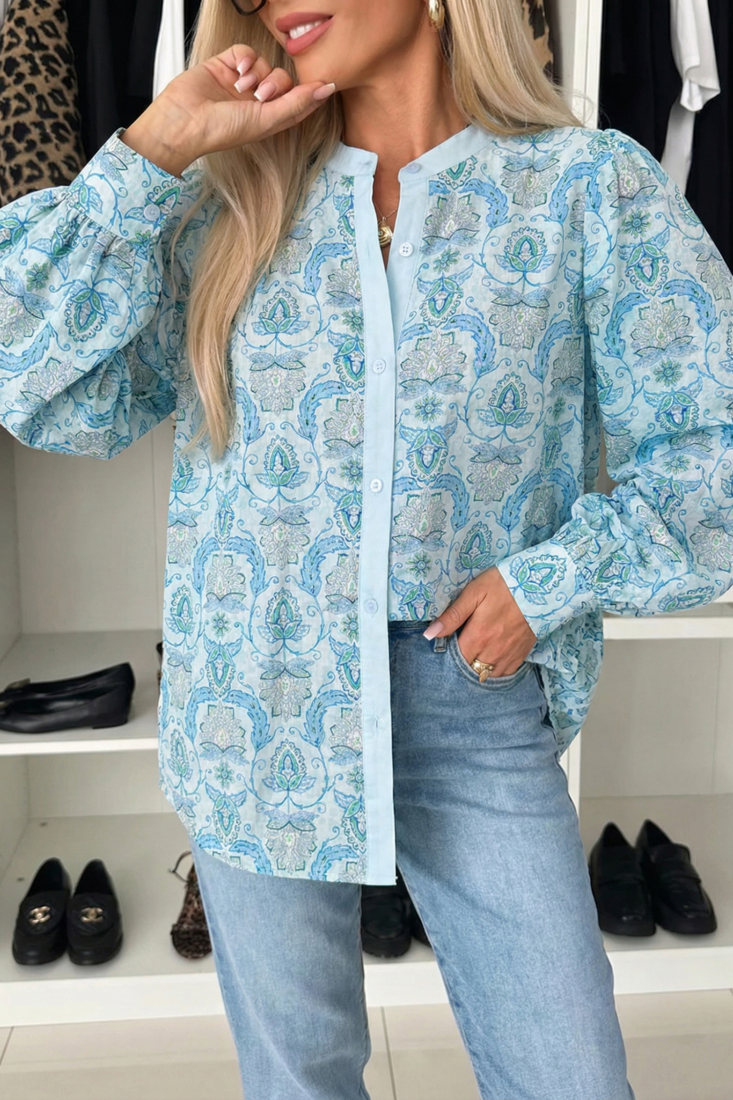 Sky Blue Paisley Print Puff Sleeve Loose Shirt - loveforevers