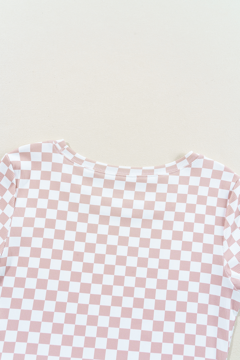 Pink Checkered Ribbed Slim Fit Crew Neck T Shirt - loveforevers