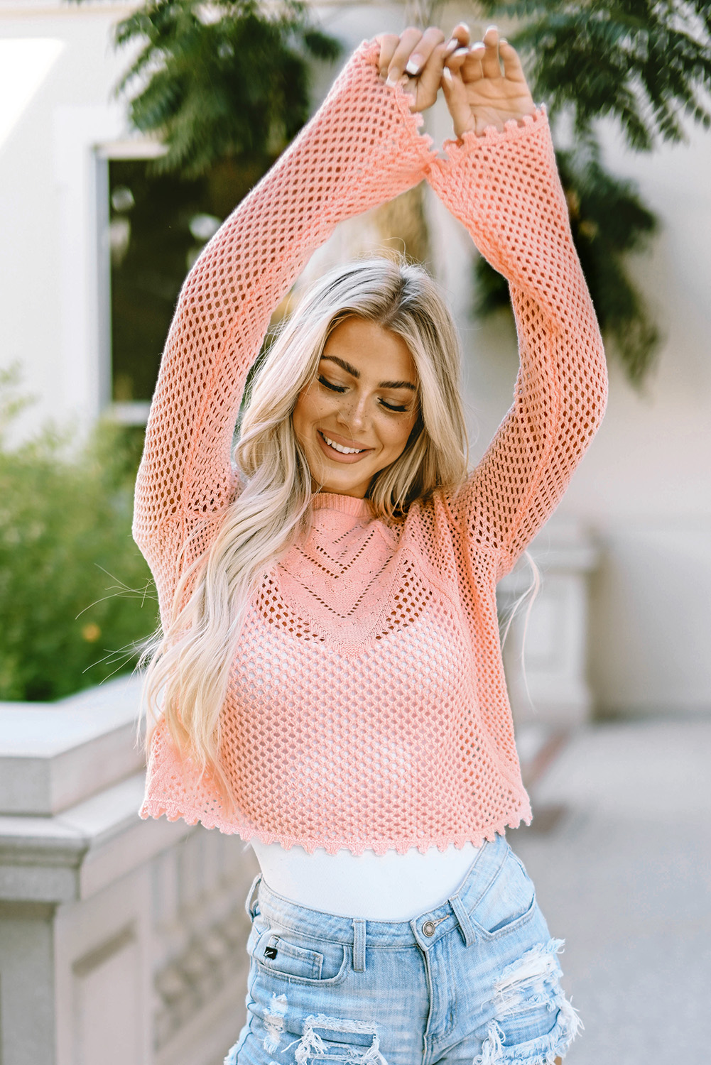 Pink Hollowed Eyelets Knit Bell Sleeve Sweater - loveforevers
