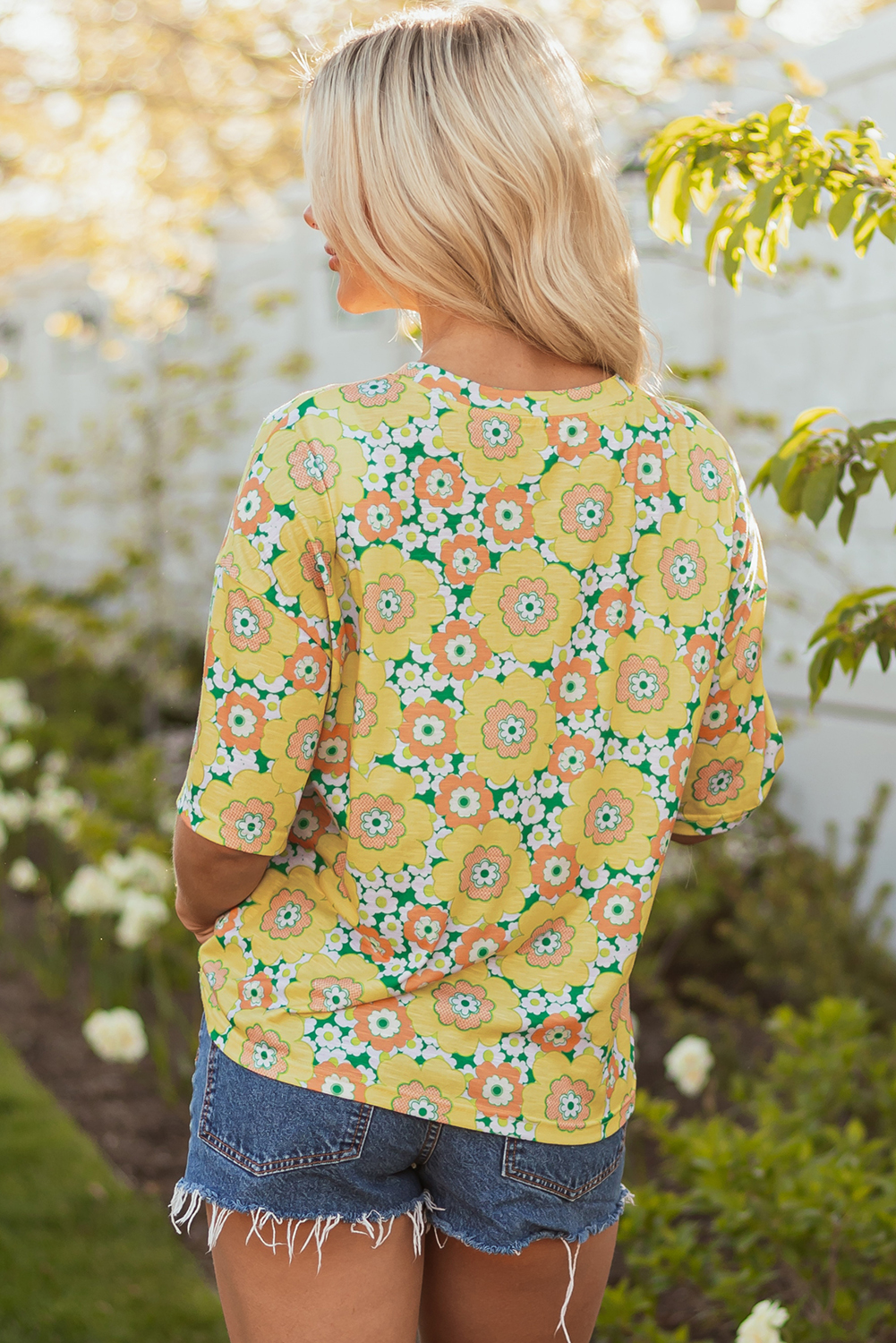 Yellow Summer Flower Printed Drop Shoulder Loose T Shirt - loveforevers