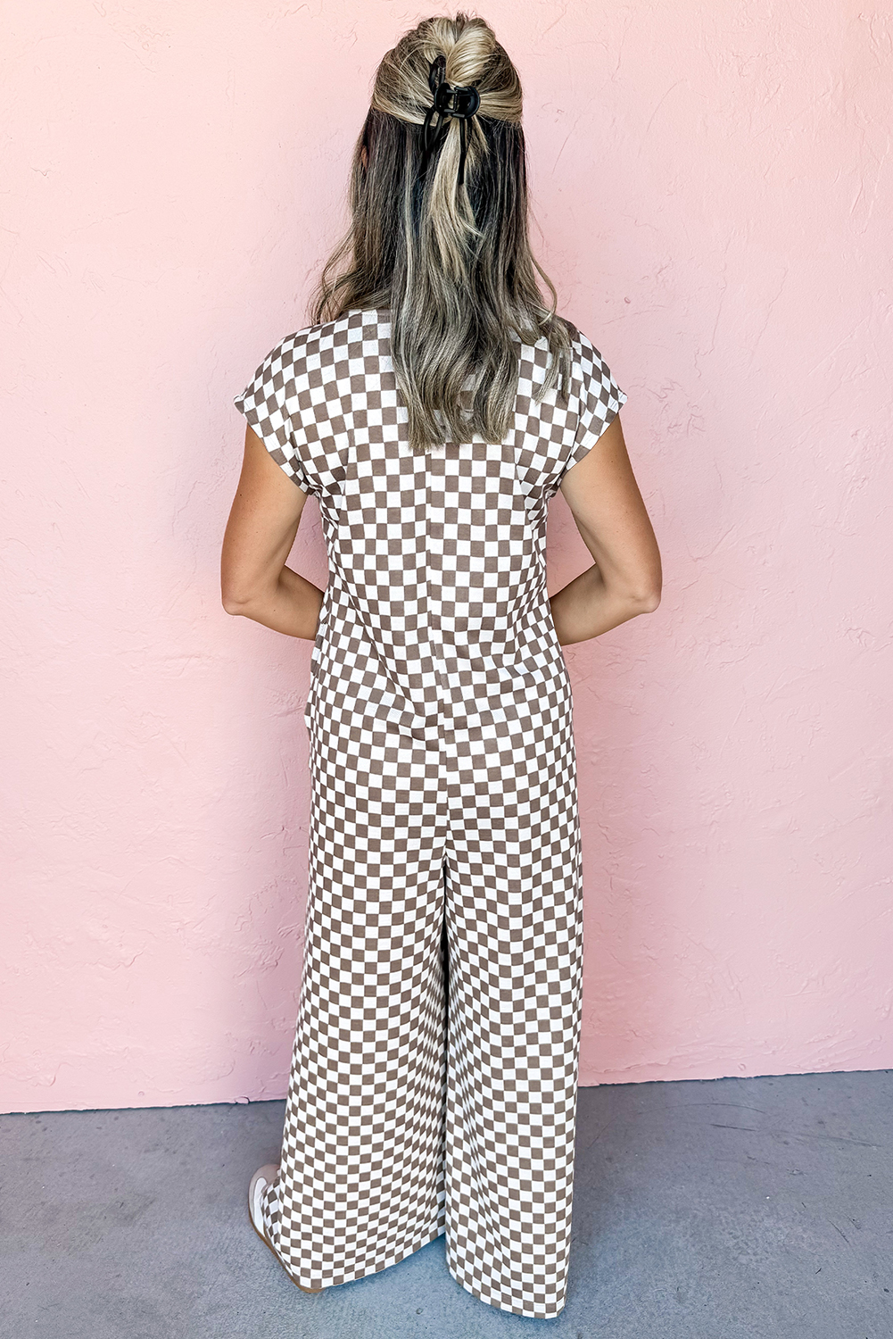 Khaki Checkered Print Buttoned Crew Neck Wide Leg Jumpsuit - loveforevers