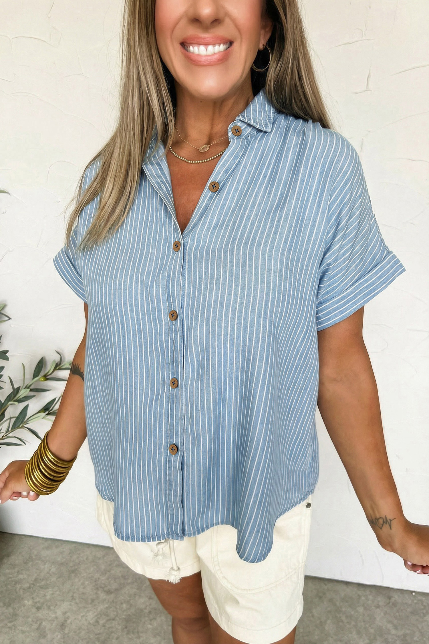 Sky Blue Stripe Cuffed Short Sleeve Button up Loose Shirt - loveforevers