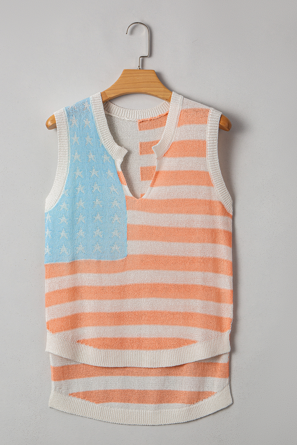 Beige USA Flag Notched Neckline Loose Sweater Vest - loveforevers