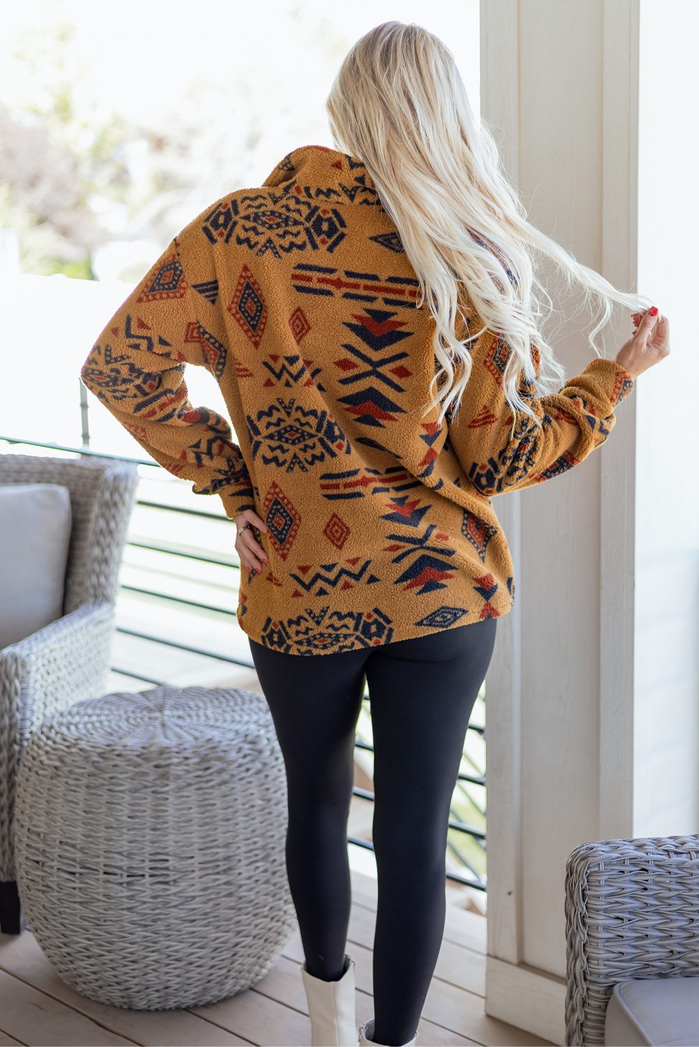 Khaki Western Aztec Pattern Fleece Shacket - loveforevers