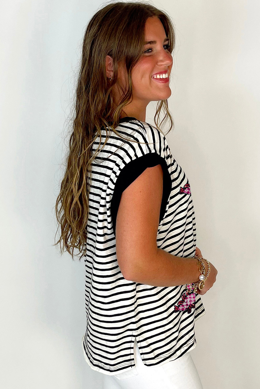 Black Stripe Sequined Lobster Patched Pocket Casual Tank Top - loveforevers