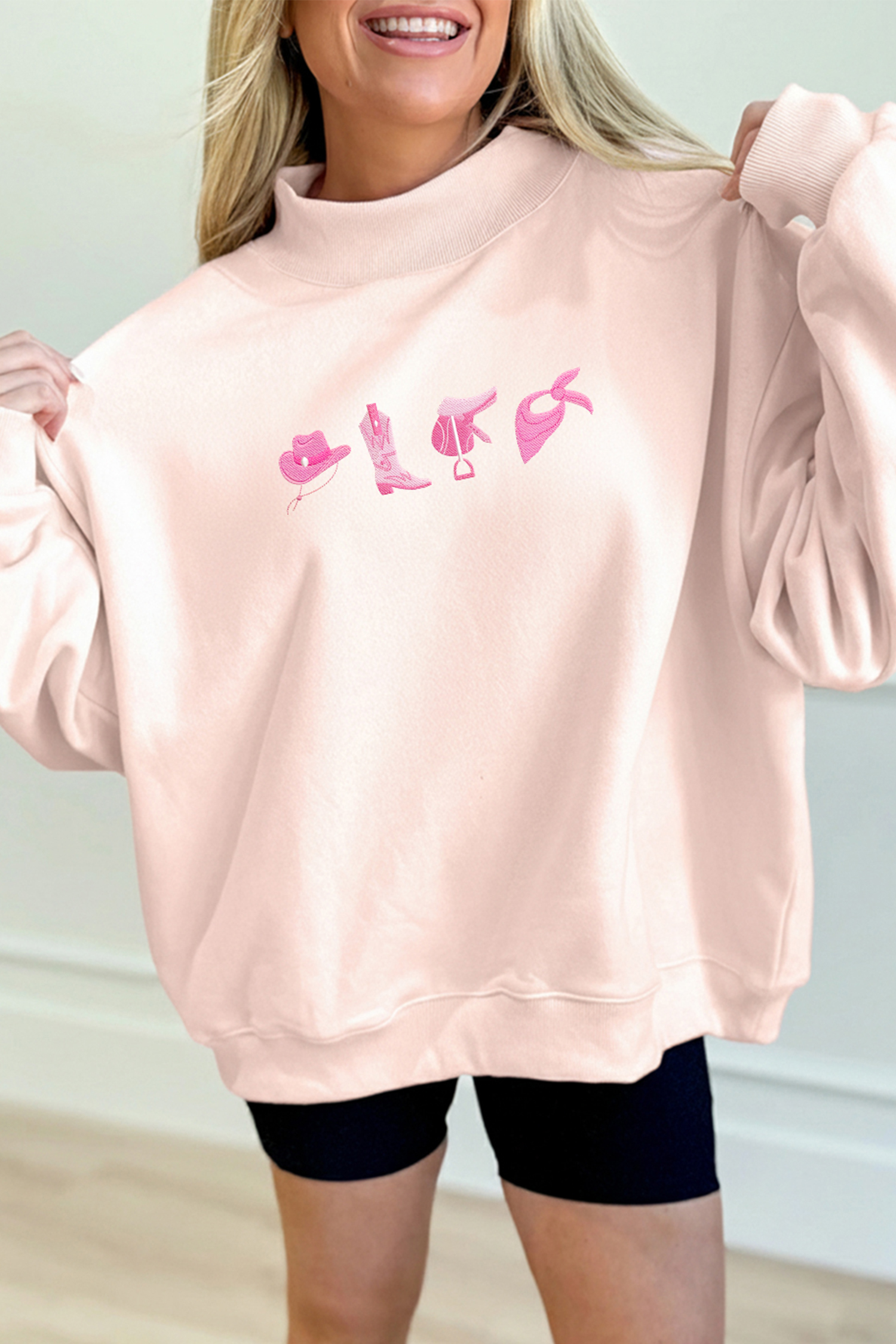 Apricot Pink Cowgirl Element Embroidered Detail Mock Neck Sweatshirt - loveforevers