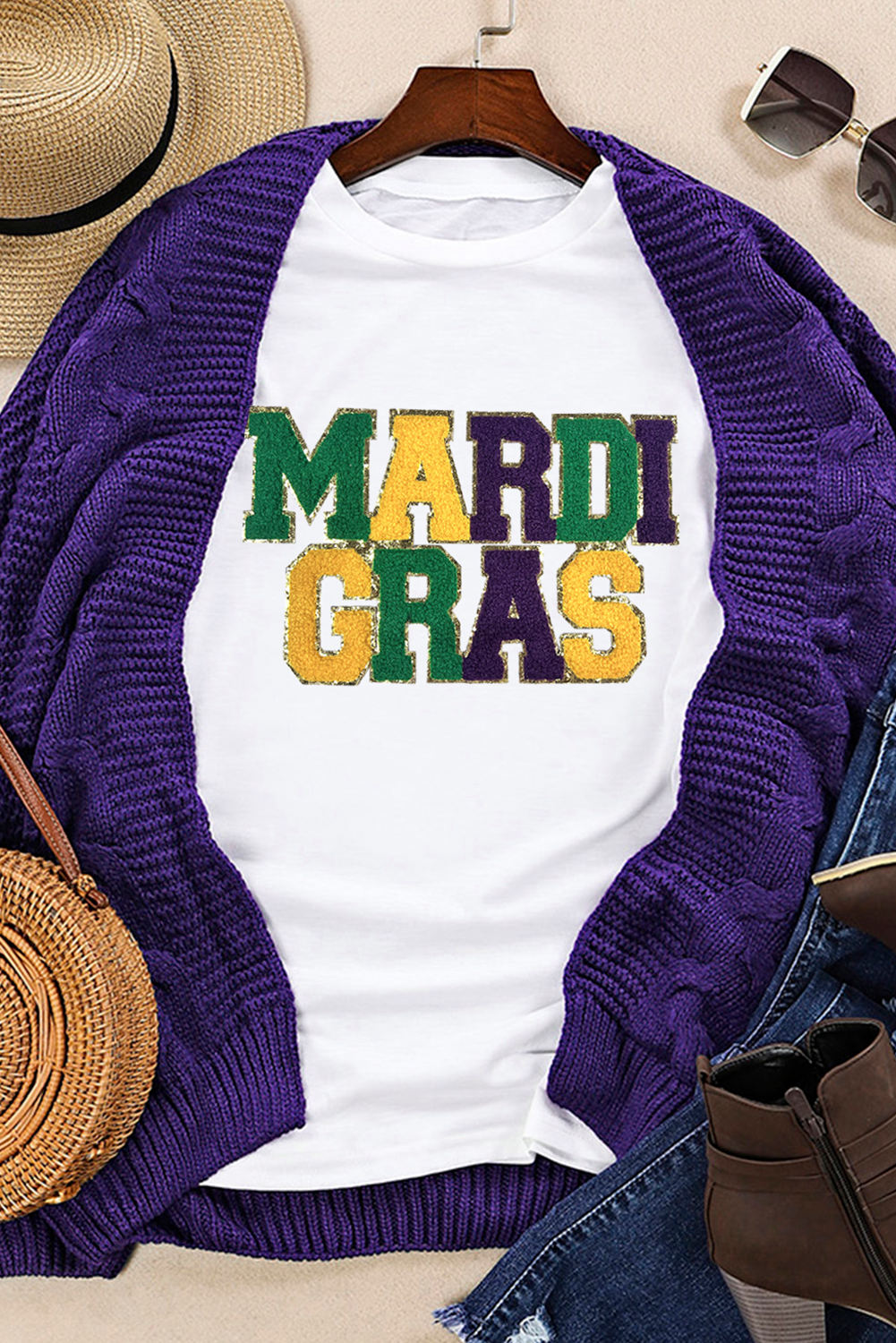 White Chenille MARDI GRAS Patched Graphic T Shirt - loveforevers