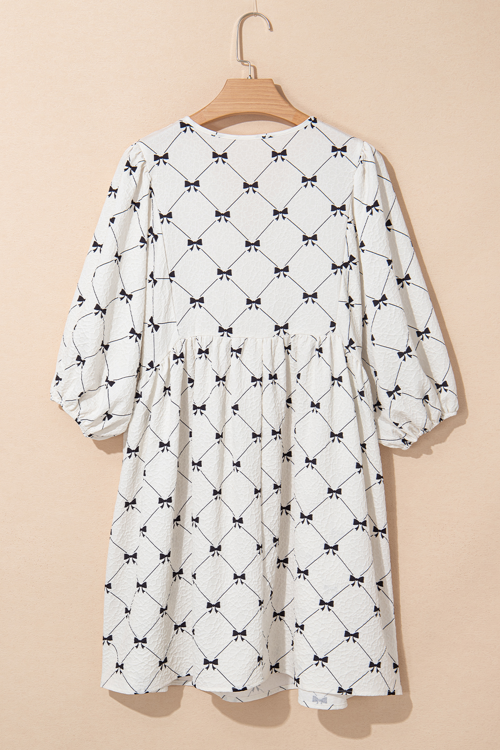 White Bowtie Pattern Textured Puff Half Sleeve Loose Mini Dress - loveforevers