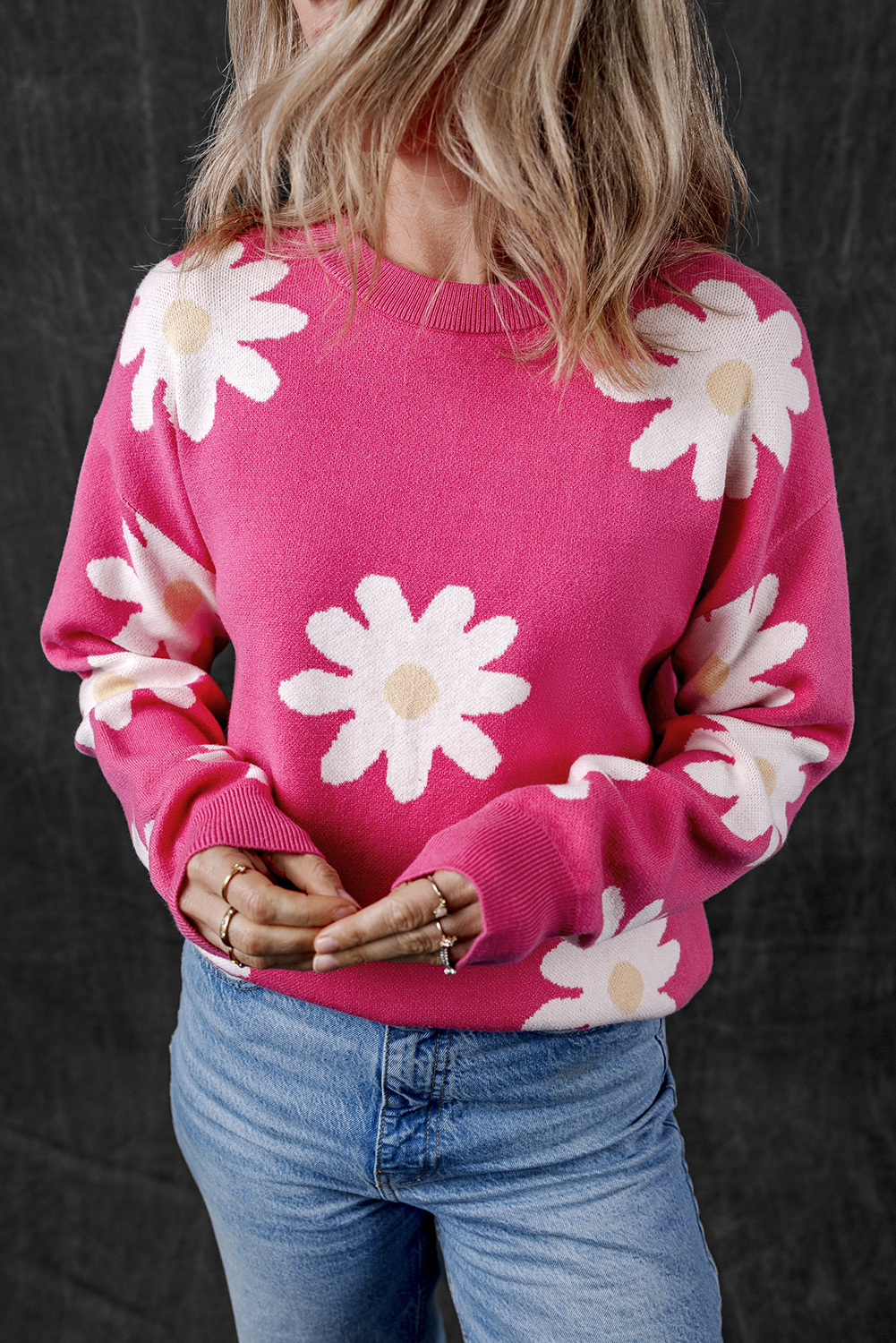Bright Pink Daisy Flower Crew Neck Long Sleeve Sweater - loveforevers