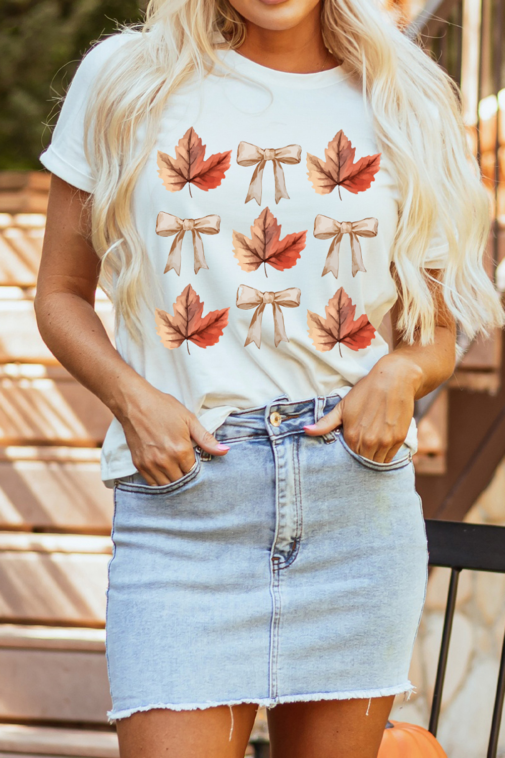 White Fall Leaf Bow Print Thanksgiving T Shirt - loveforevers