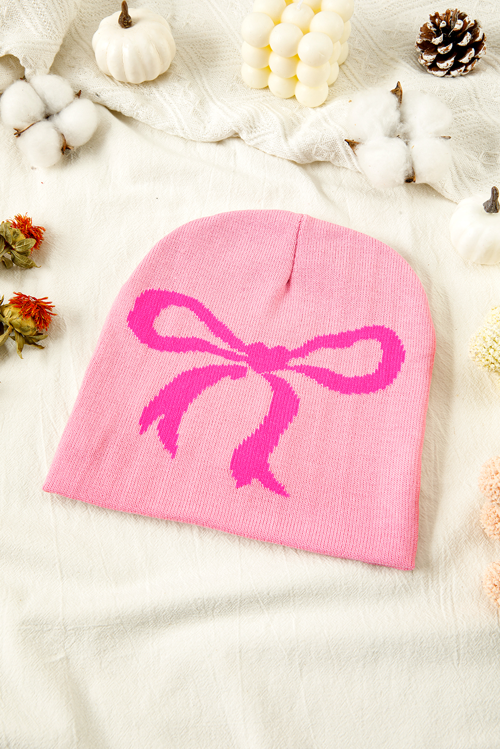 Pink Ribbon Bow Print Soft Knit Beanie - loveforevers