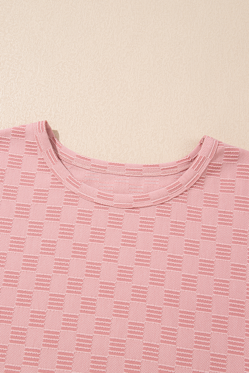 Apricot Pink Checkered Textured Round Neck T-shirt - loveforevers