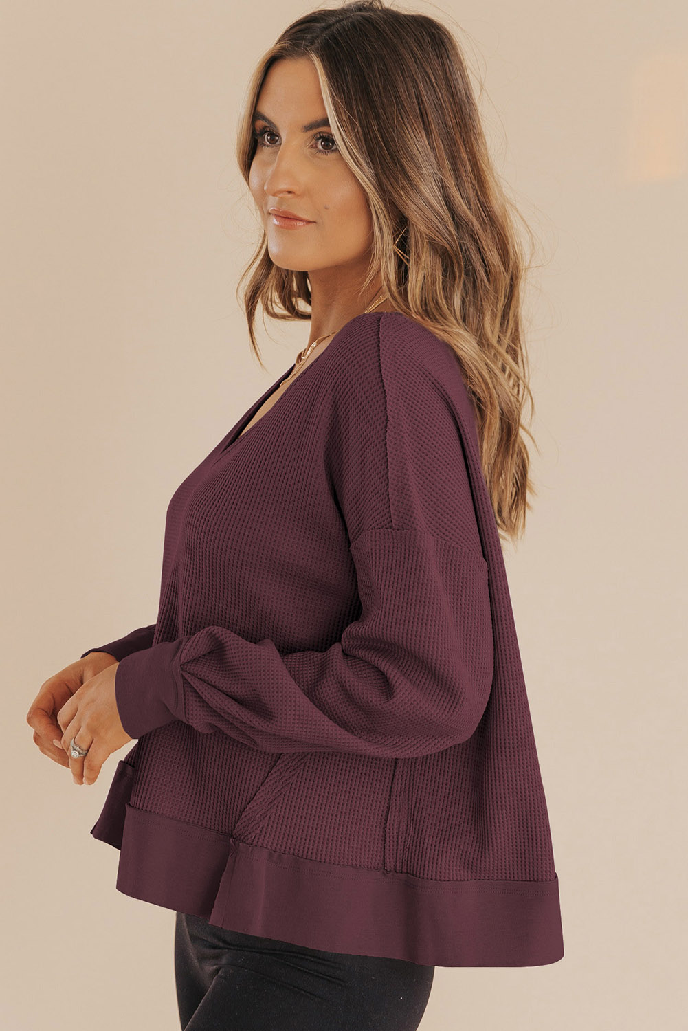 Dark Brown Waffle Knit Notched V Neck Drop Shoulder Solid Sweatshirt - loveforevers