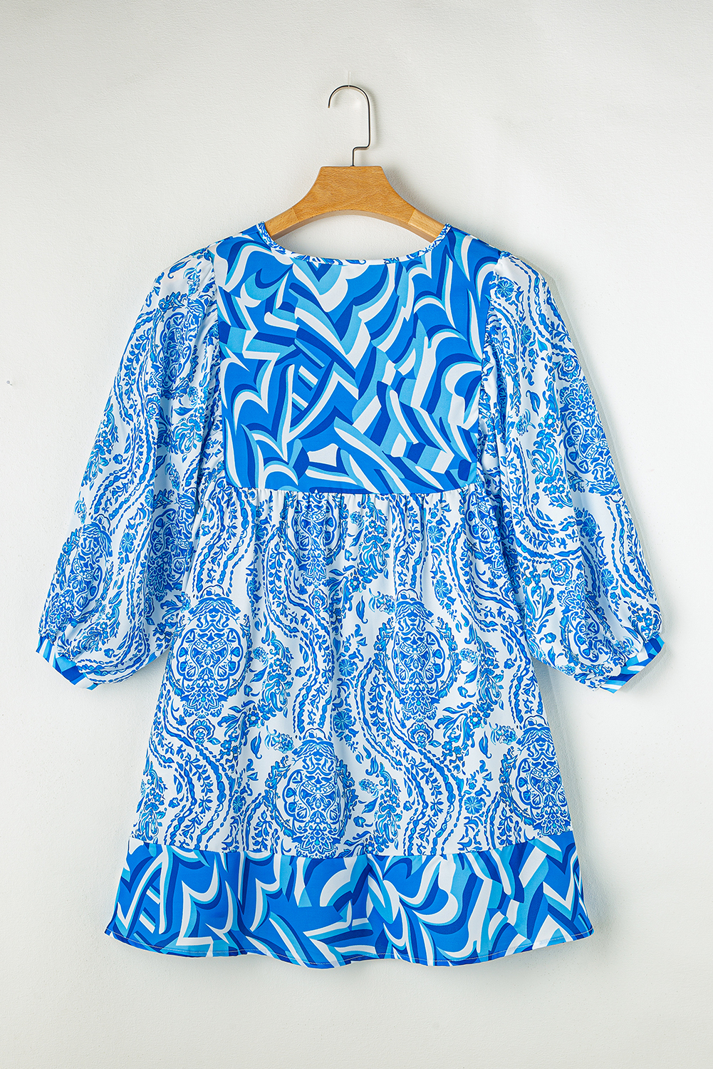 Sky Blue Bohemian Print Puff Sleeve Tied V Neck Flared Mini Dress - loveforevers
