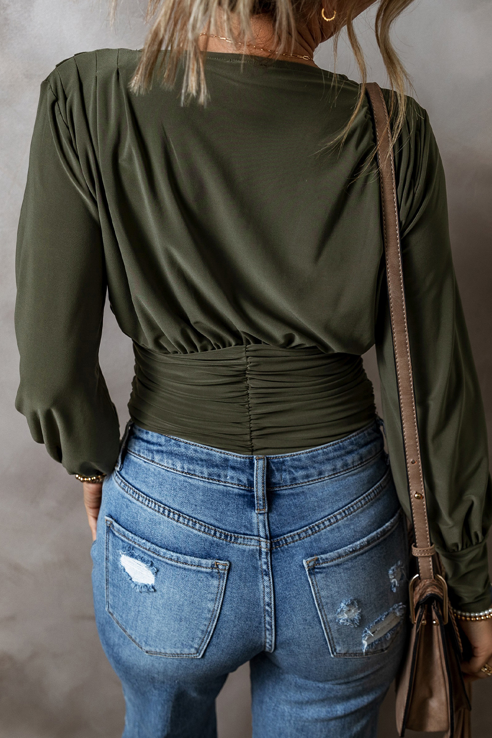 Moss Green Ruched Wrap V Neck Long Sleeve Bodysuit - loveforevers