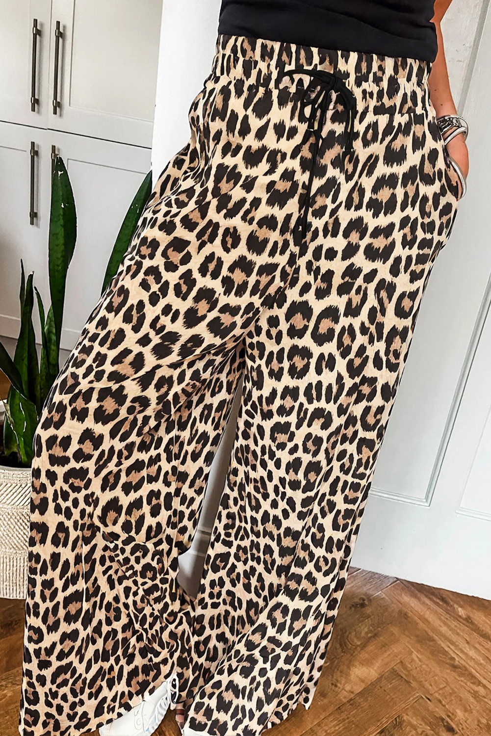 Parchment Leopard Drawstring Elastic Waistband Flowy Wide Leg Pants - loveforevers