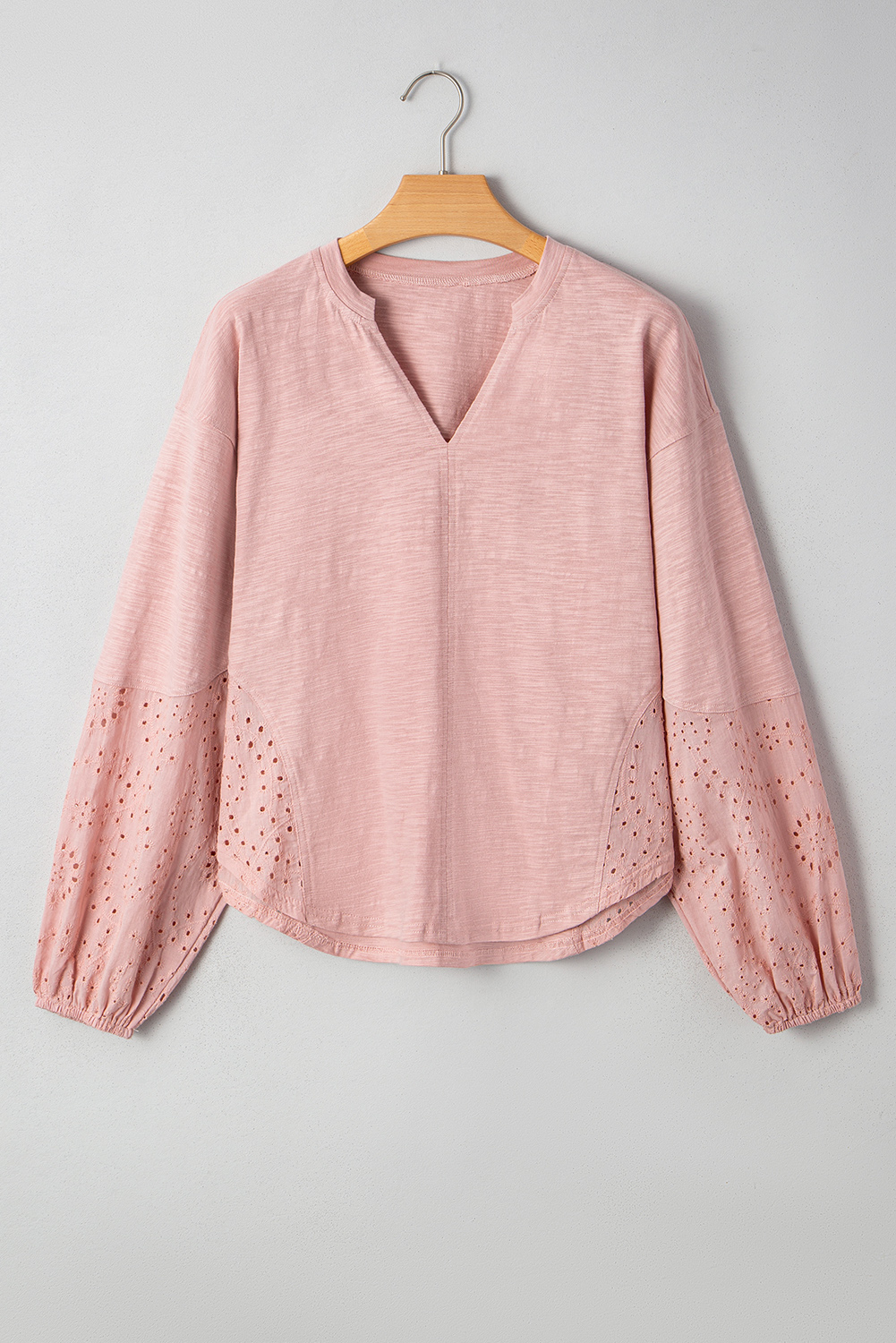 Light Pink Keyhole Notch V Neck Batwing Sleeve Blouse - loveforevers