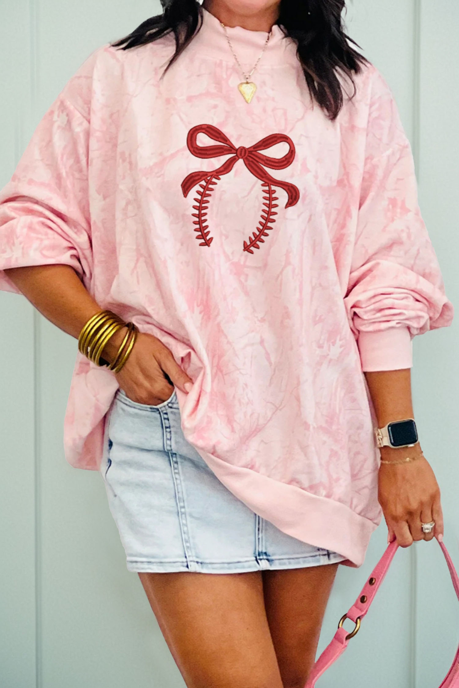 Pink Tie Dye Camo Sequin Love Heart Patched Mock Neck Sweatshirt - loveforevers