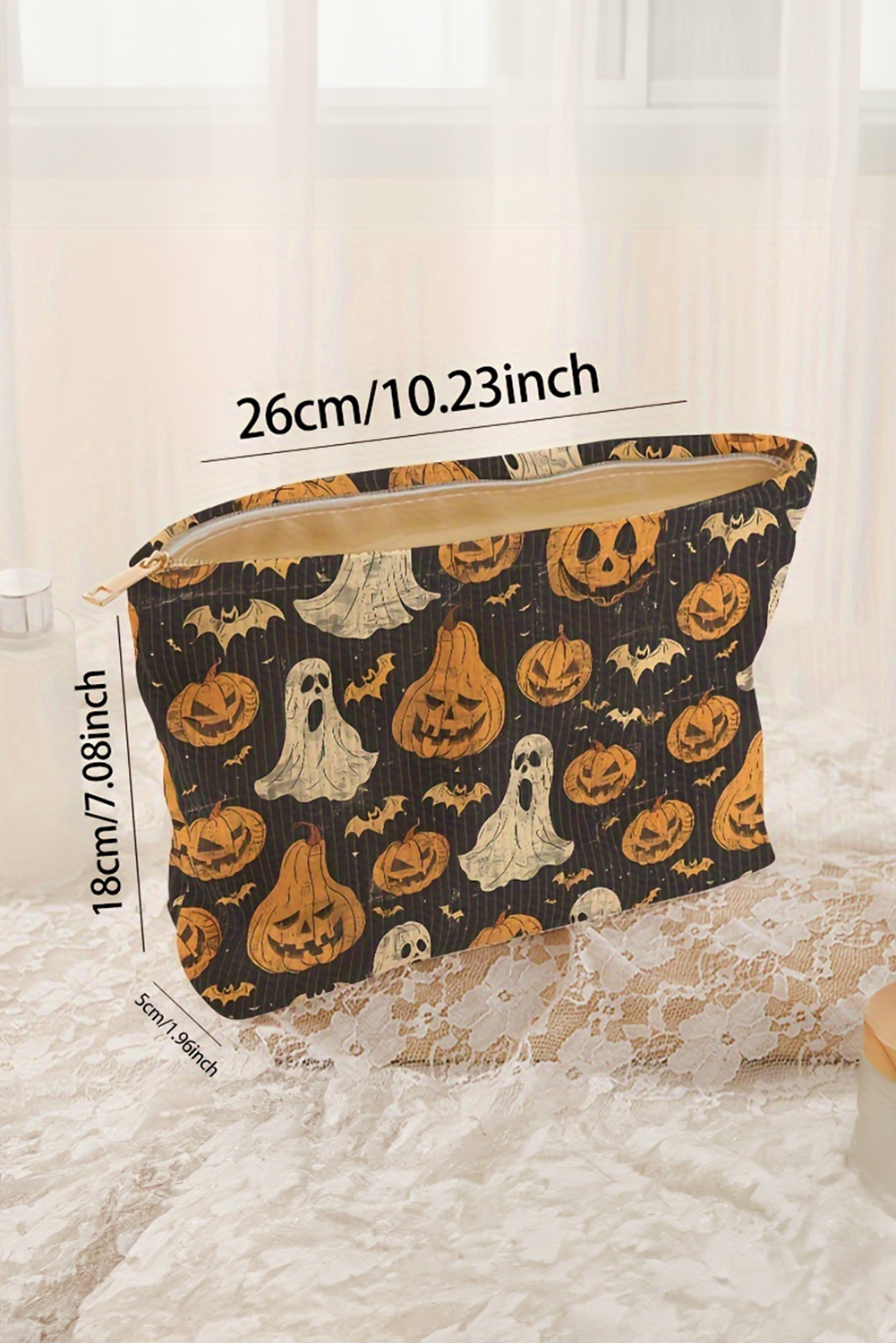 Black Striped Halloween Pumpkin Ghost Printed Makeup Bag - loveforevers