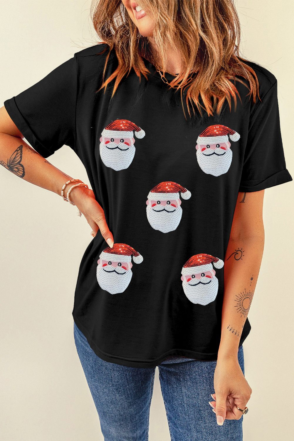 Black Faux Sequin Christmas Claus Pattern Crewneck T Shirt - loveforevers