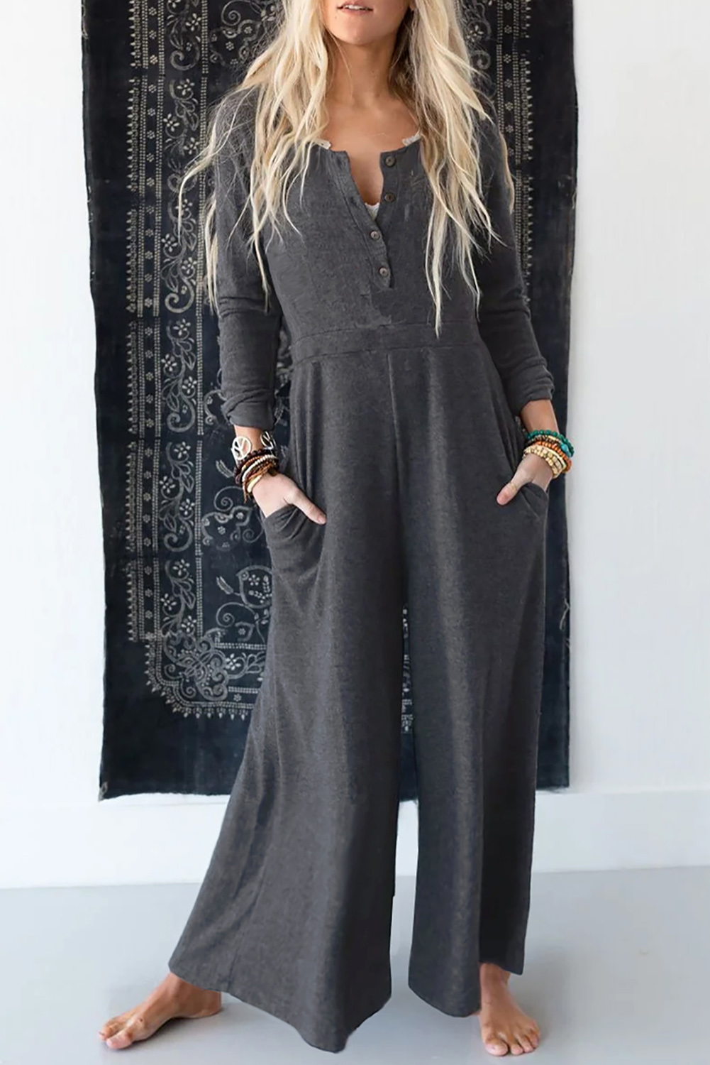 Gray Button Long Sleeve Wide Leg Jumpsuit - loveforevers