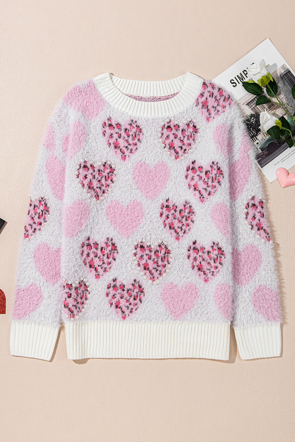 Pink Heart Leopard Print Pearled Ribbed Trim Fuzzy Sweater - loveforevers
