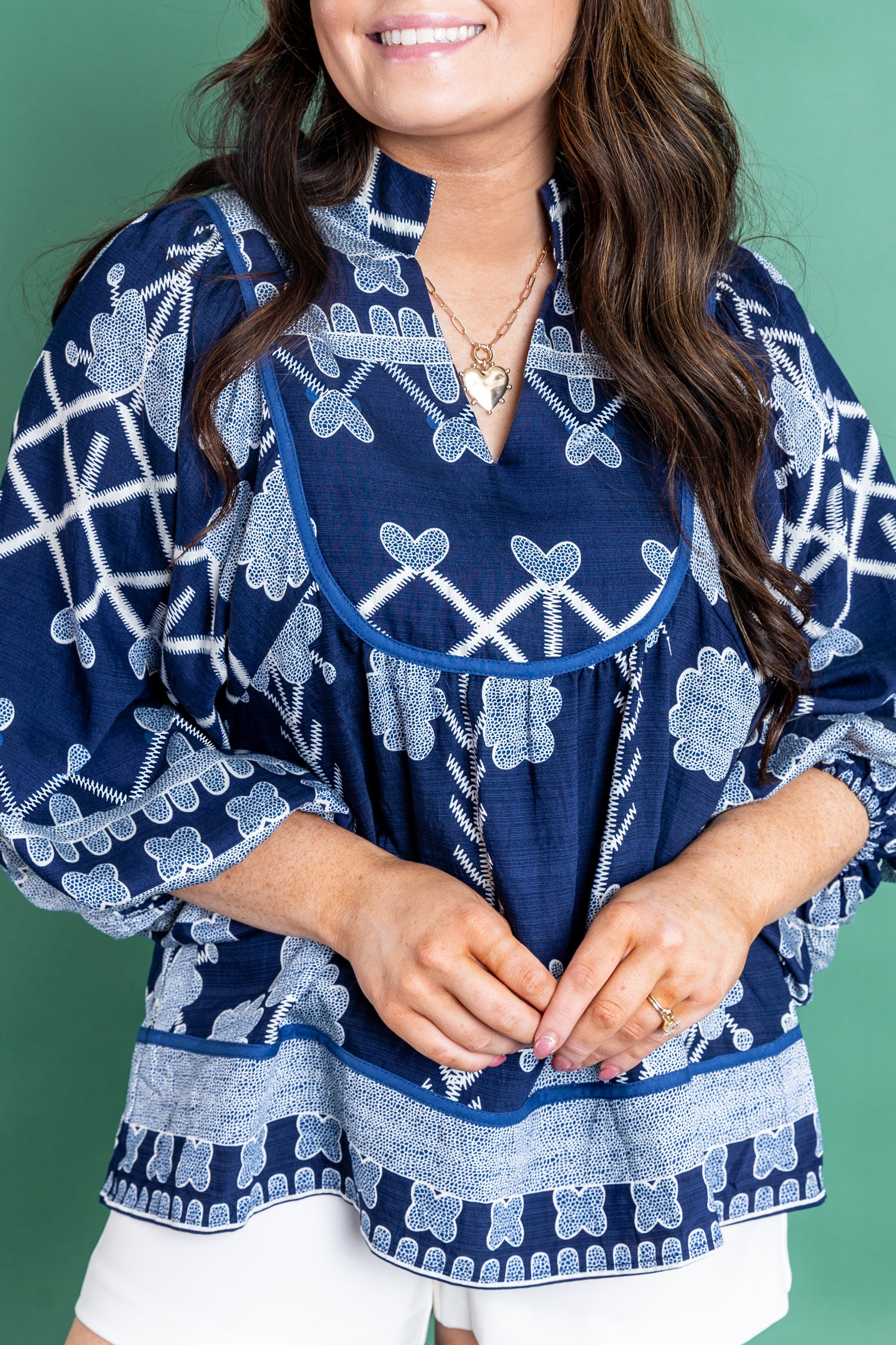 Blue Plus Size Floral Printed Notched Neck Long Sleeve Blouse - loveforevers