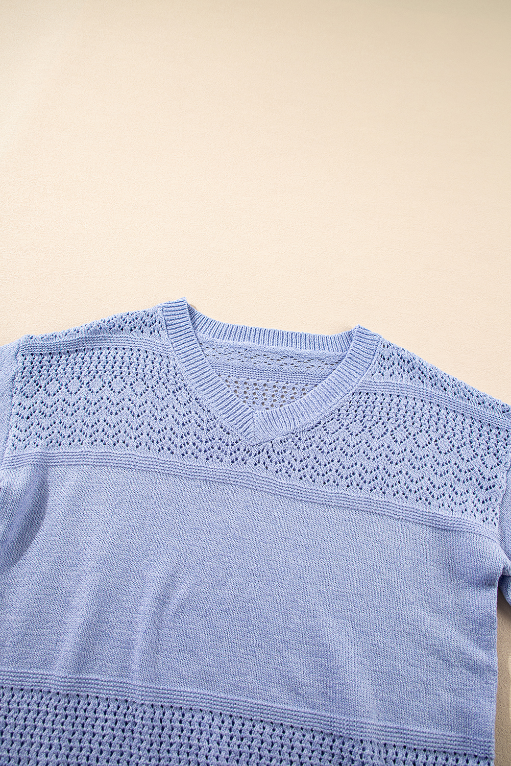 Sky Blue Eyelet Pattern Detail V Neck Drop Shoulder Sweater - loveforevers