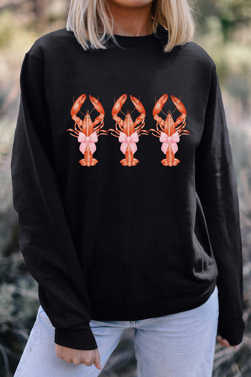 Black Cute Bow Crawfish Printed Drop Shoulder Sweatshirt - loveforevers