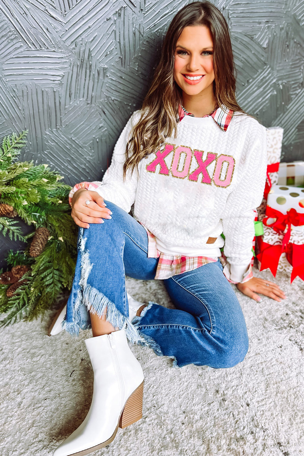White LOVE Chenille Embroidered Cable Knit Pullover Sweatshirt - loveforevers