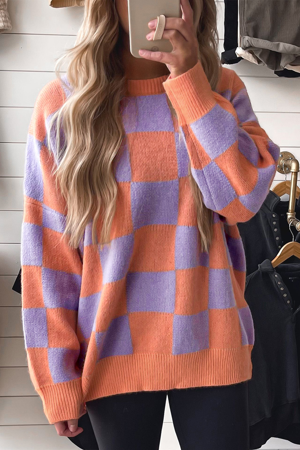 Parchment Checkered Pattern Ribbed Trim Knit Baggy Sweater - loveforevers