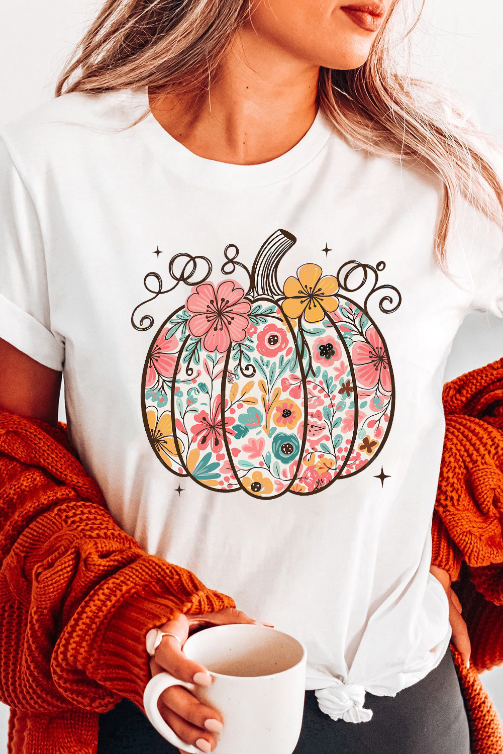 White Floral Pumpkin Print Cotton Blend T Shirt - loveforevers