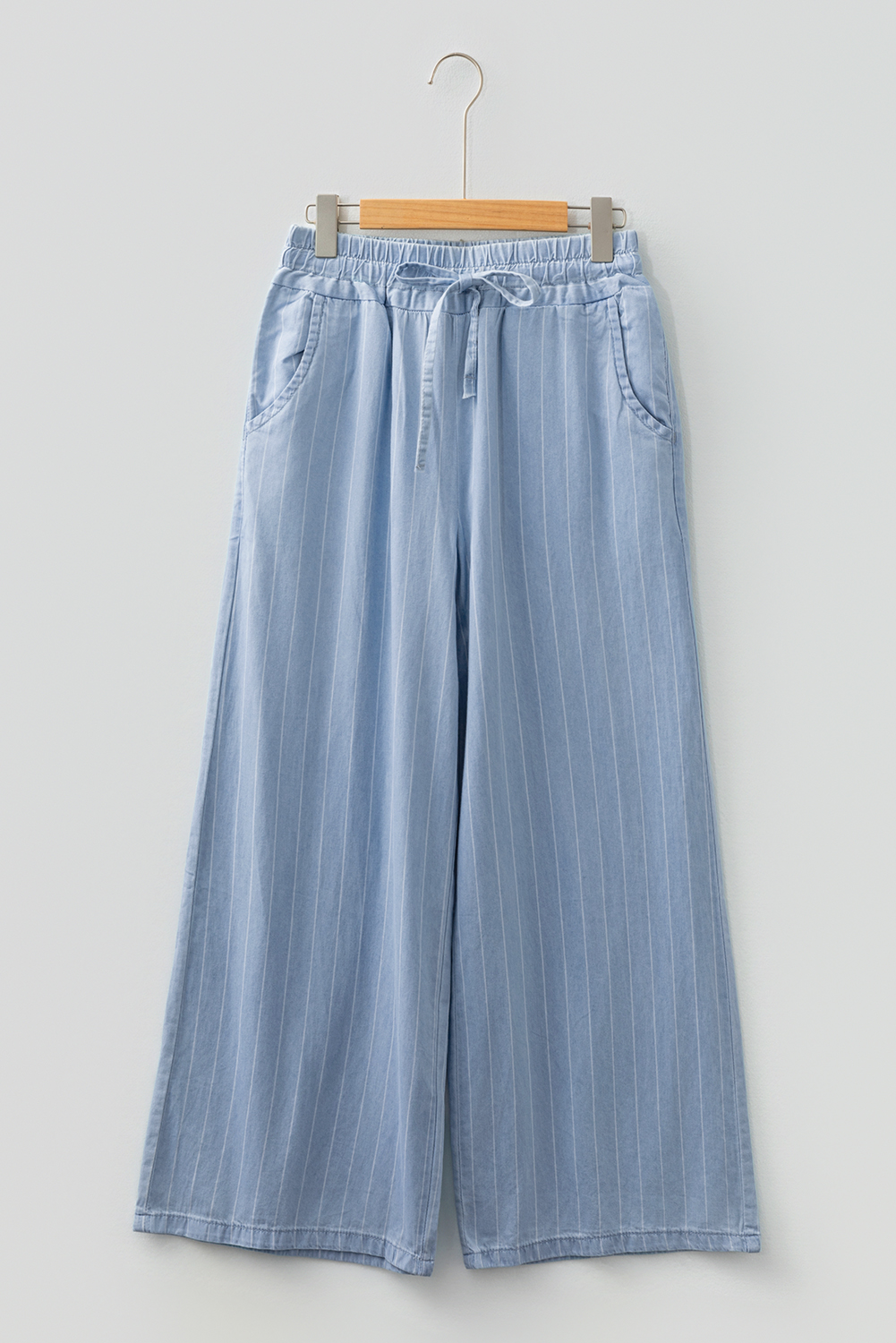 Blue Stripe Chambray Wide Leg Tied Elastic Waist Trousers - loveforevers
