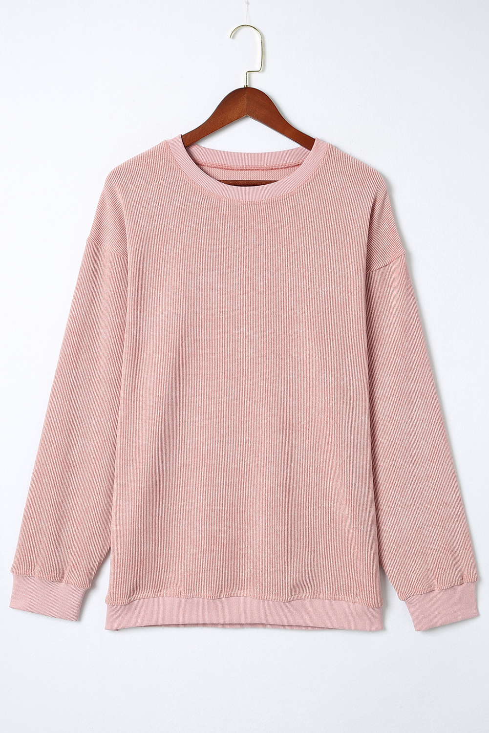 Pink Solid Ribbed Knit Round Neck Pullover Sweatshirt - loveforevers