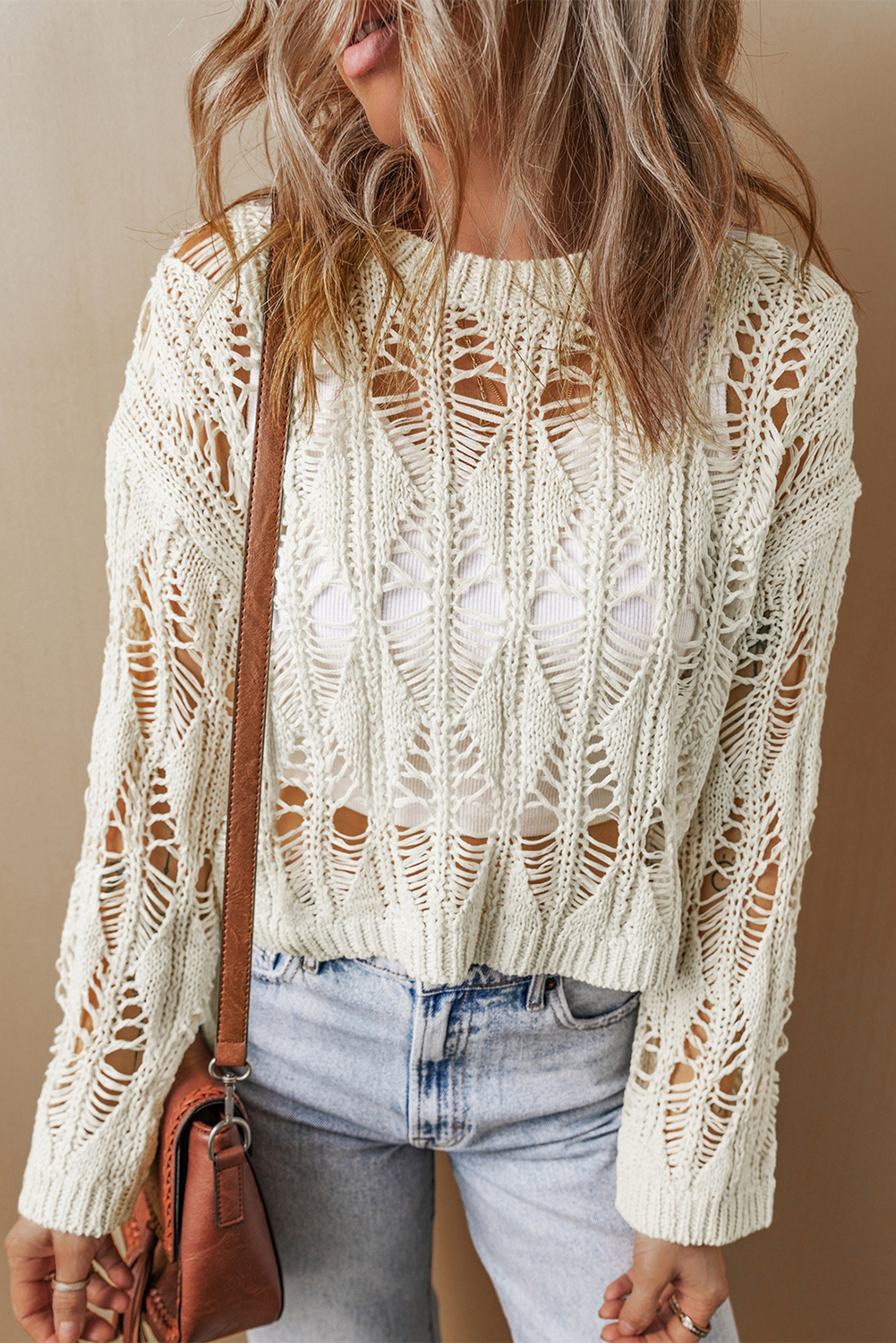 White Cut Out Crochet Crew Neck Loose Fit Sweater - loveforevers