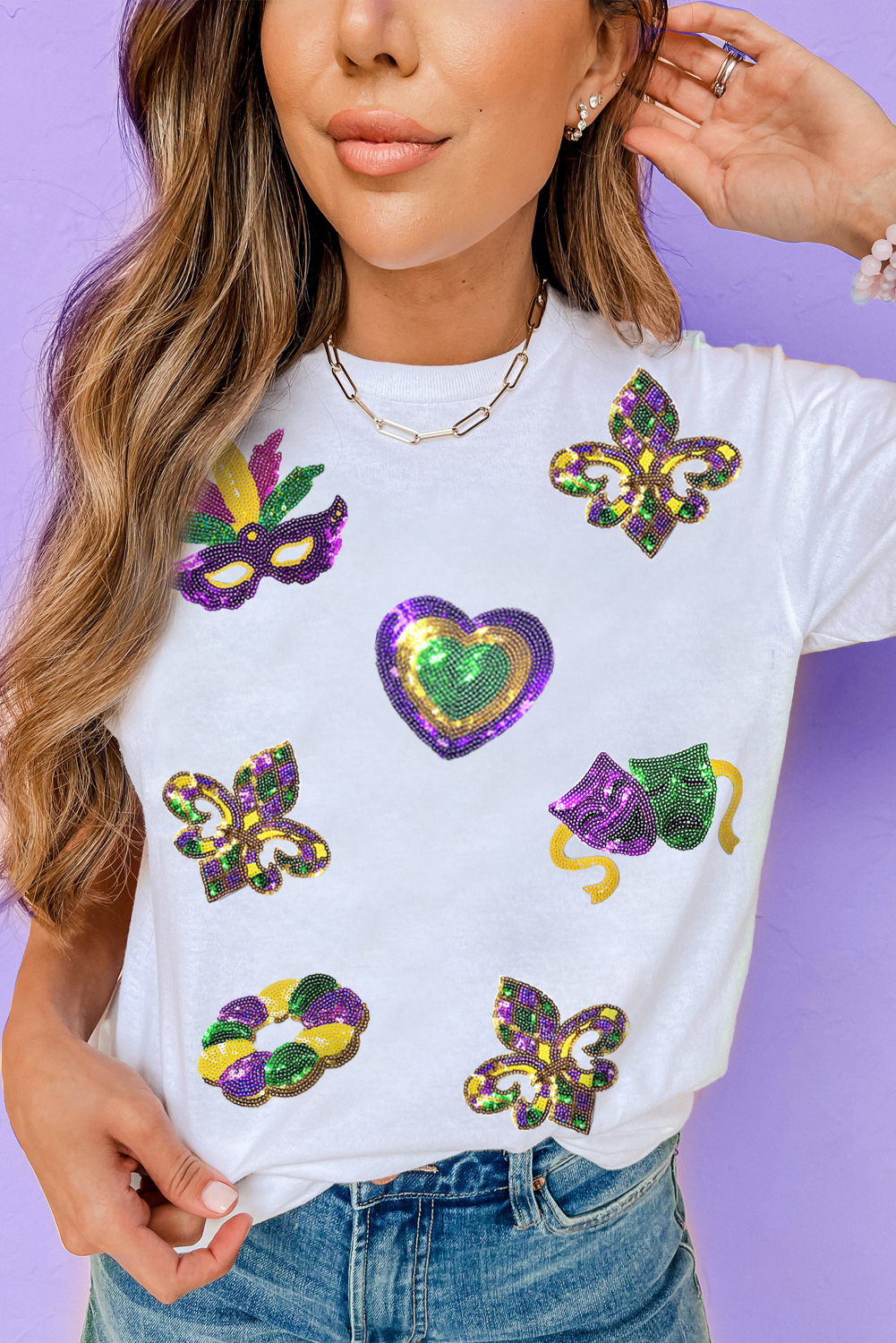 White Sequined Mardi Gras Symbolic Pattern Casual Tee - loveforevers
