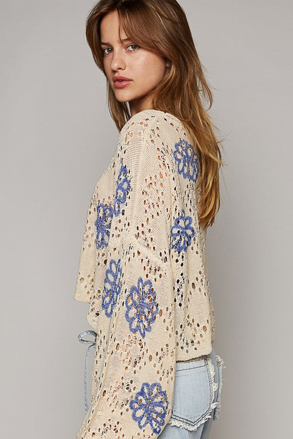 Beige Contrast Flower Print Eyelet Drop Shoulder Sweater - loveforevers