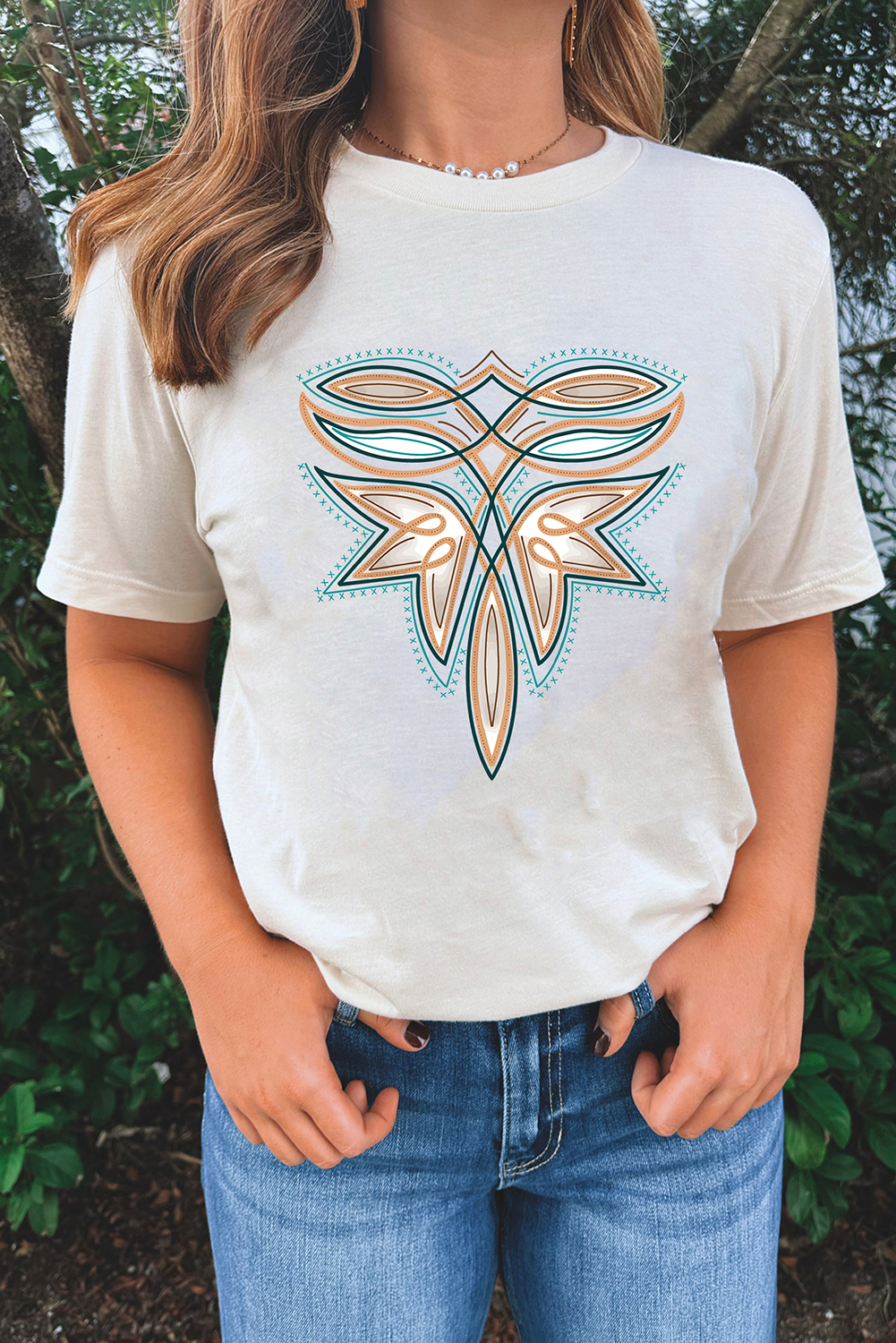 White Western Stitch Pattern Printed Cotton Blend Tee - loveforevers
