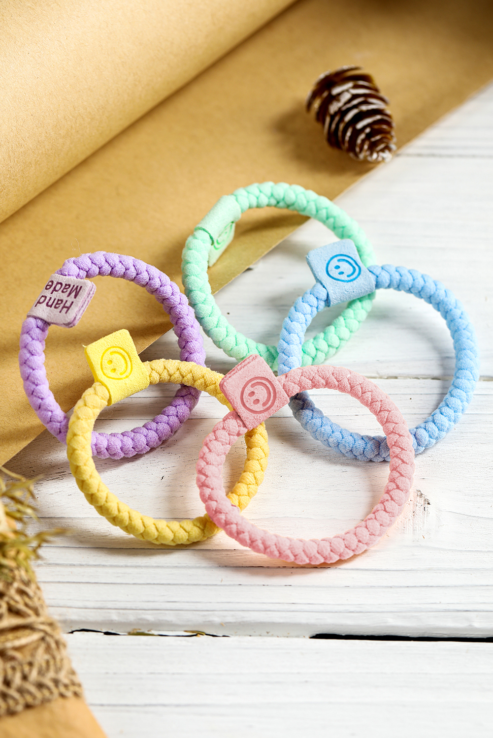 Pink 5Pcs Smile Face Tab Braided Hair Tie Set - loveforevers