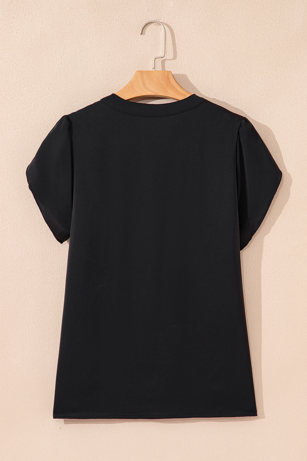 Black Silky Notched Neckline Petal Sleeve Blouse - loveforevers