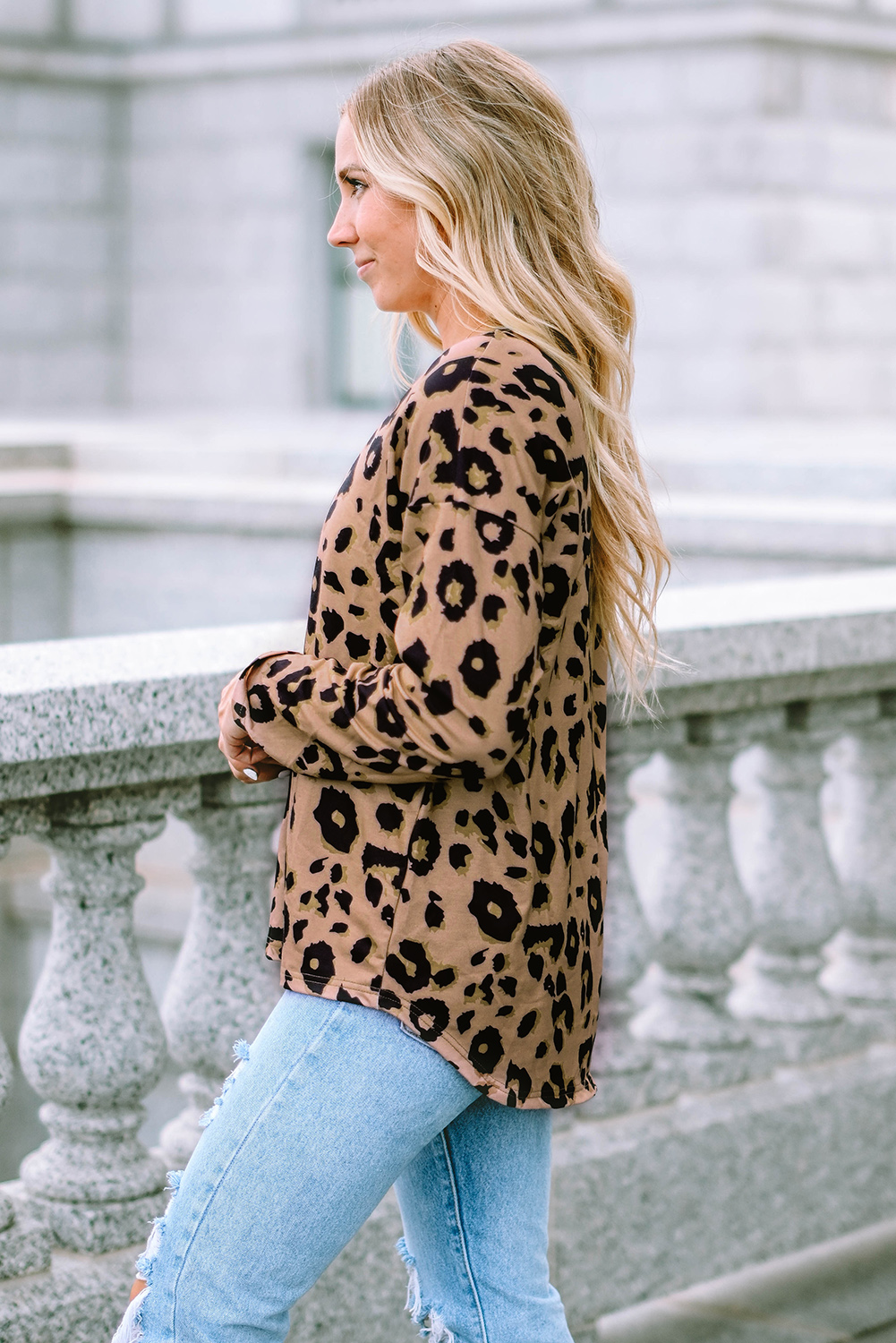 Brown Leopard Split Joint V Neck Long Sleeve Tops - loveforevers