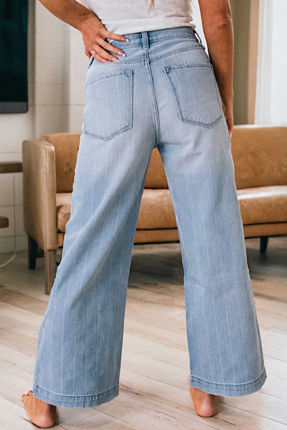 Beau Blue Multi Buttons Pinstripe Wide Leg Jeans - loveforevers
