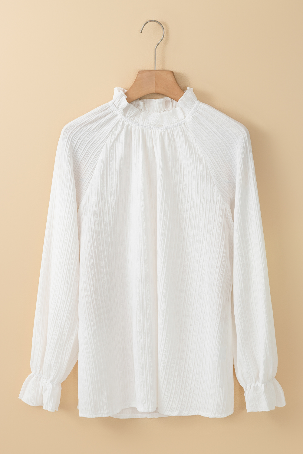 White Frilled Mock Neck Ripple Bubble Sleeve Blouse - loveforevers