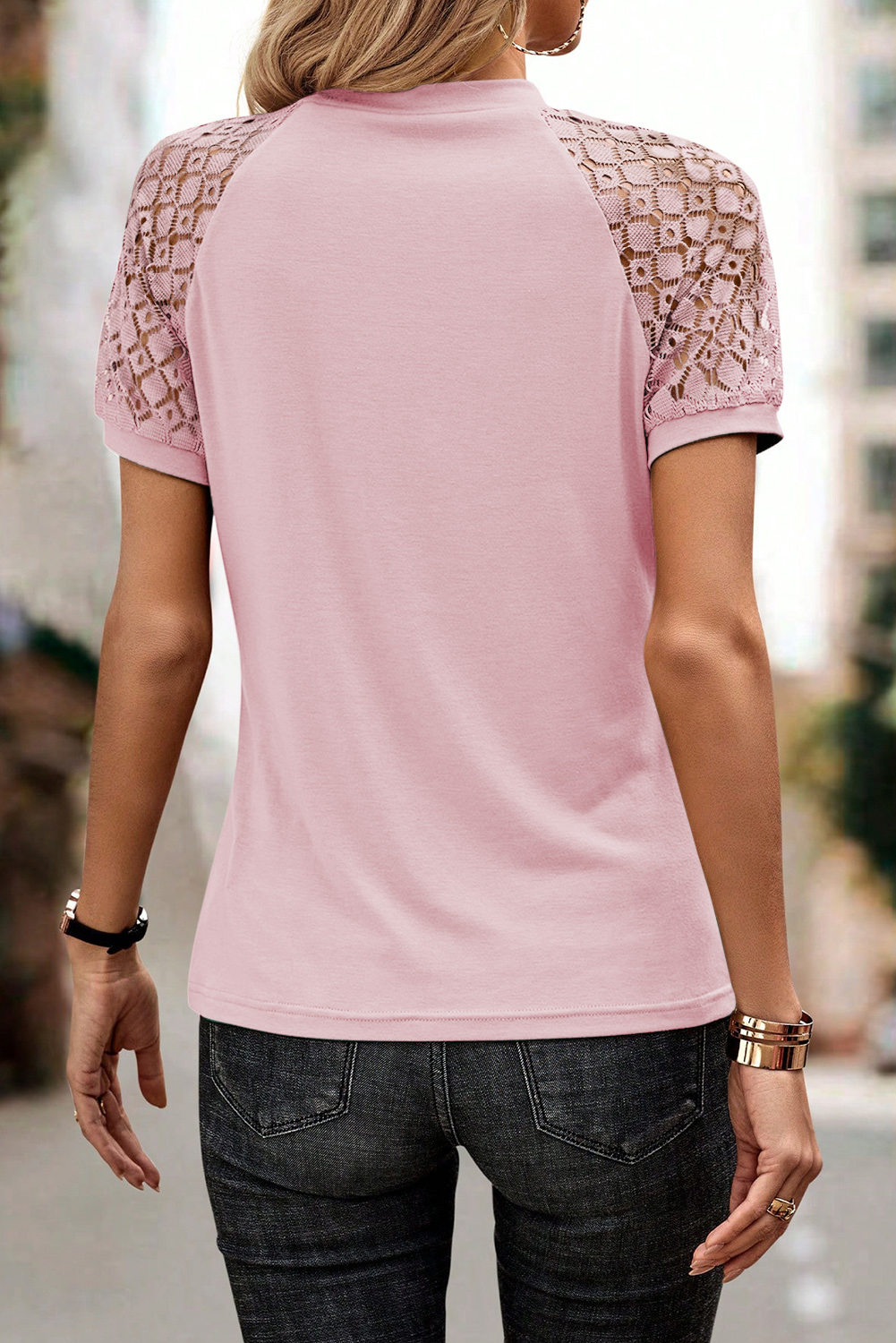 Pink Seamed Detail Contrast Lace Raglan Sleeve Tee - loveforevers