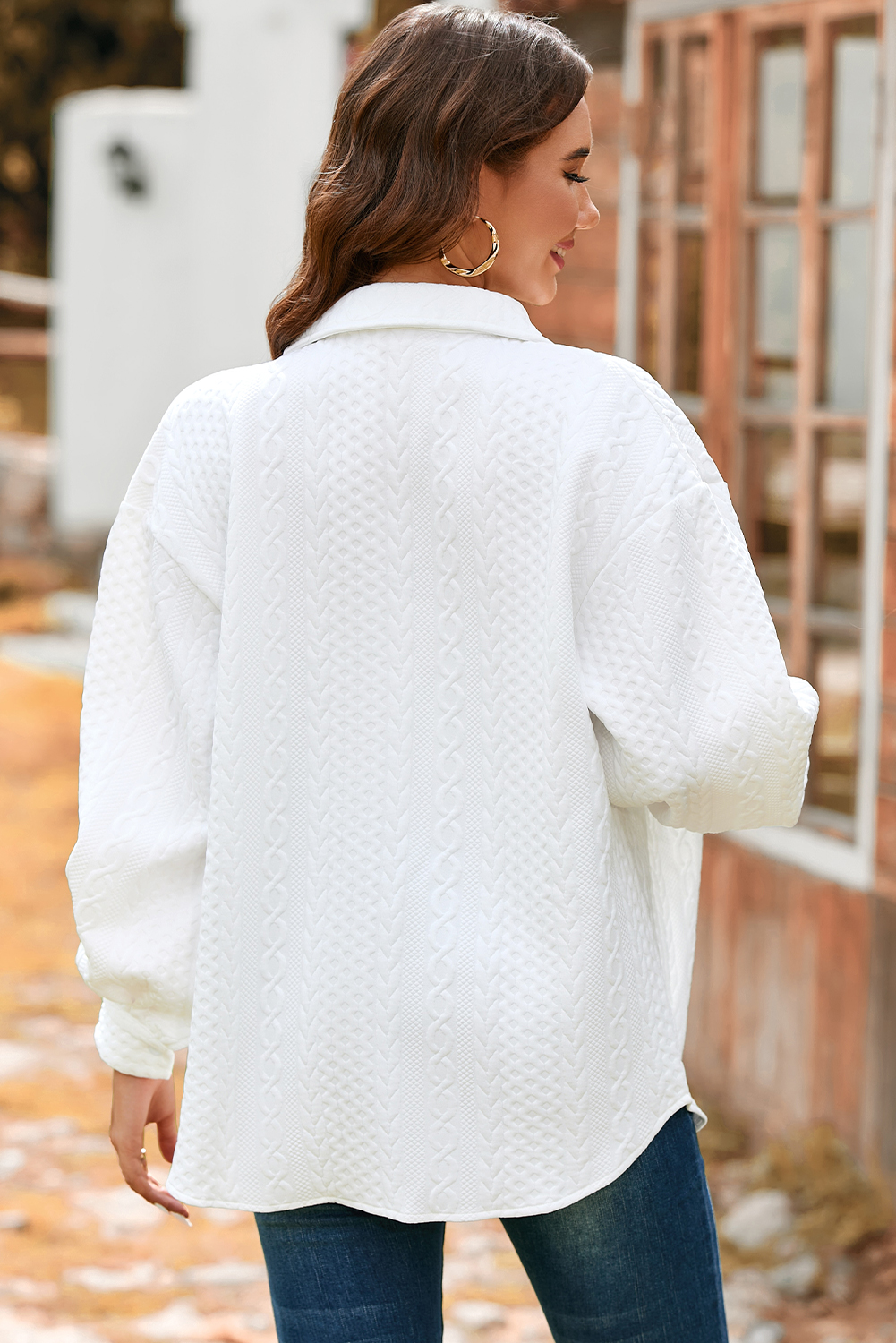 Sepia Rose Cable Texture Puff Sleeve Loose Shacket - loveforevers