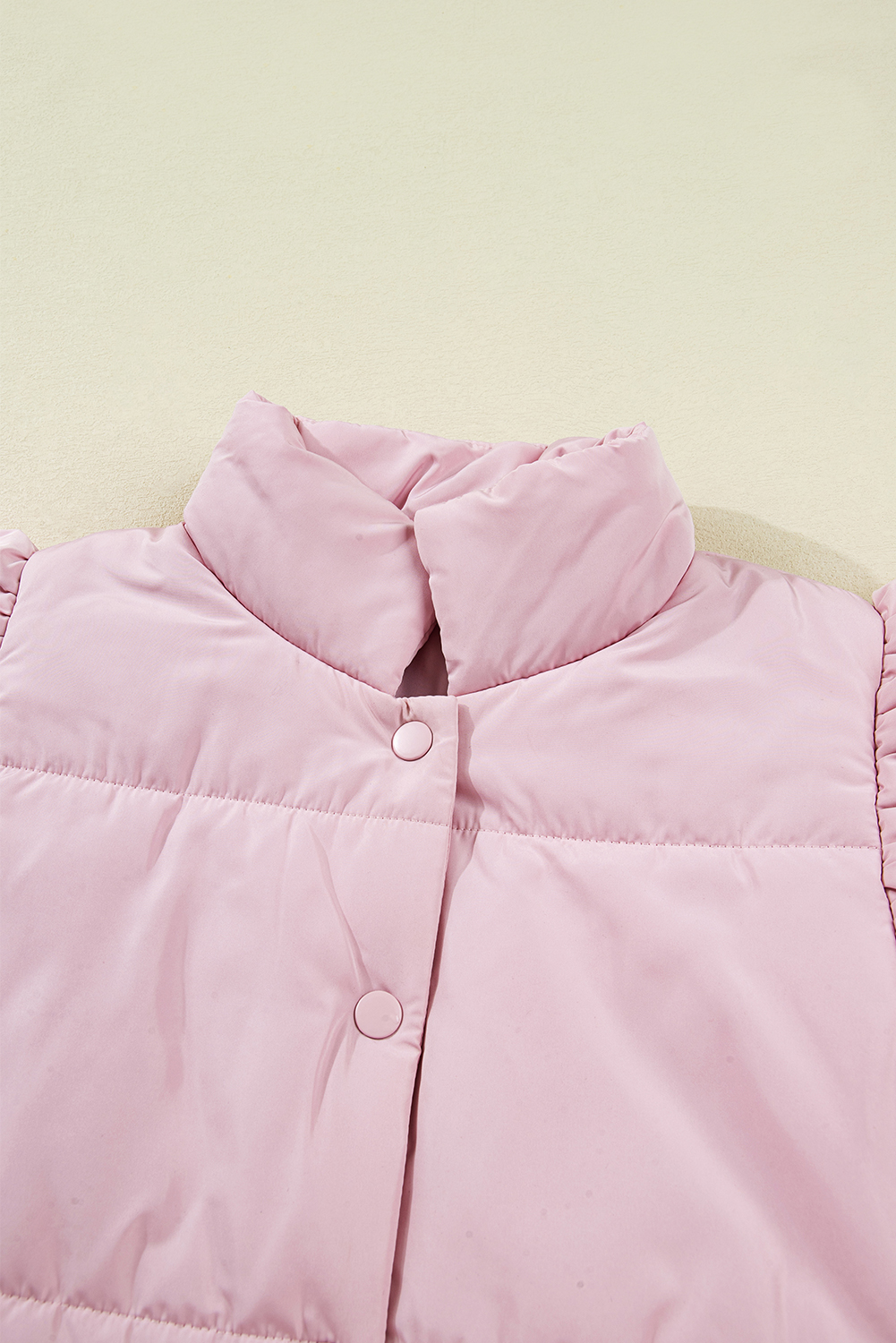 Pink Stand Neck Flutter Sleeve Snap Button Puffer Vest - loveforevers