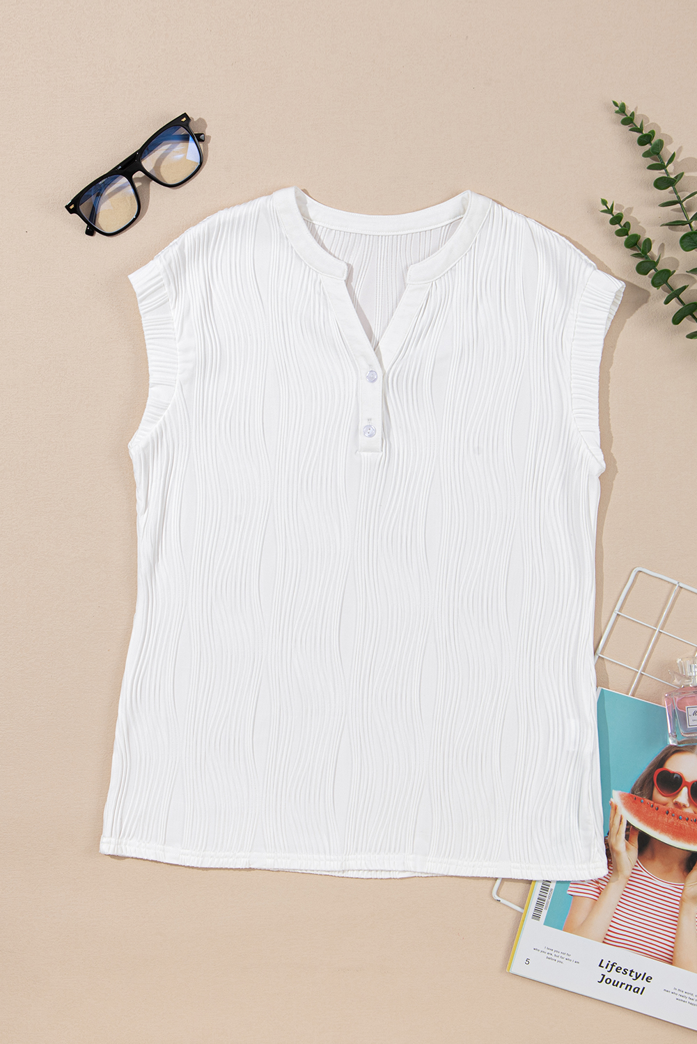 White Wavy Textured Button V Neck Tee - loveforevers